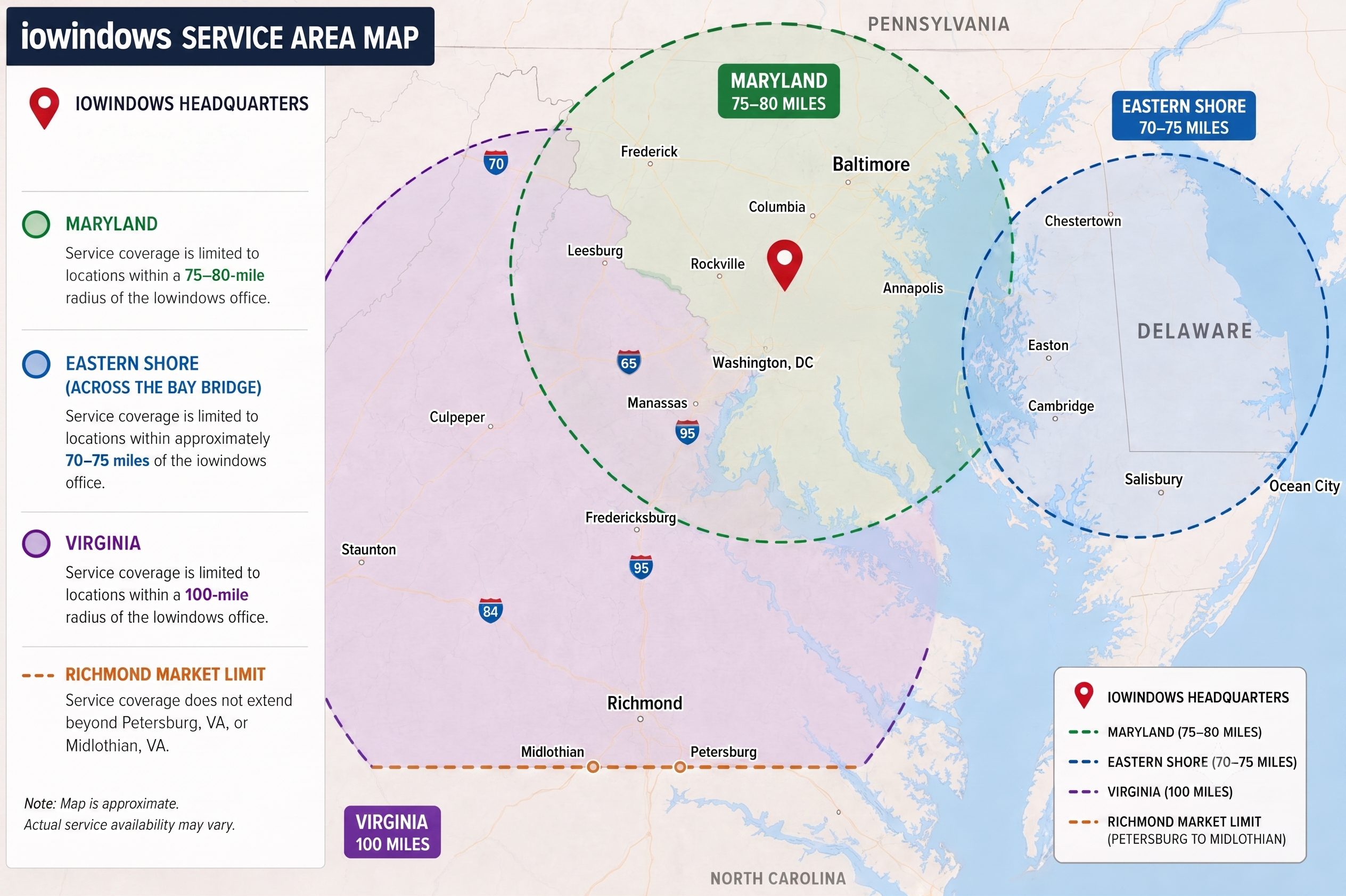 IO Windows service area map showing coverage across Maryland, Washington DC, Virginia, and the Eastern Shore
