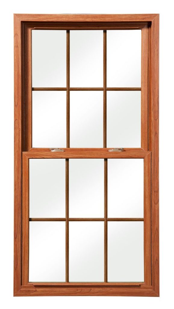 Vytex Potomac-HP double-hung window with cherry woodgrain laminate interior and colonial grids